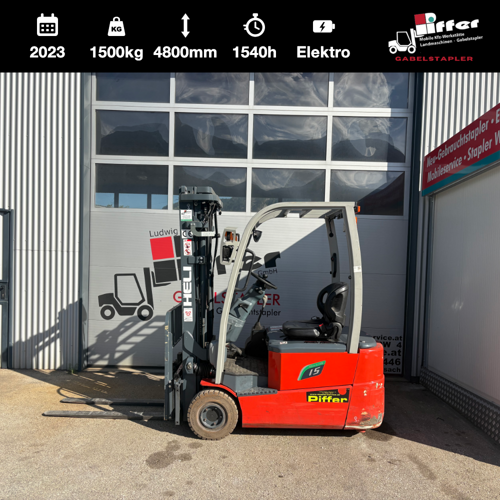 Heli CPD15SQ 3-Rad Elektrostapler 1,5 t Li-Ion gebraucht – Seitenansicht mit technischen Daten